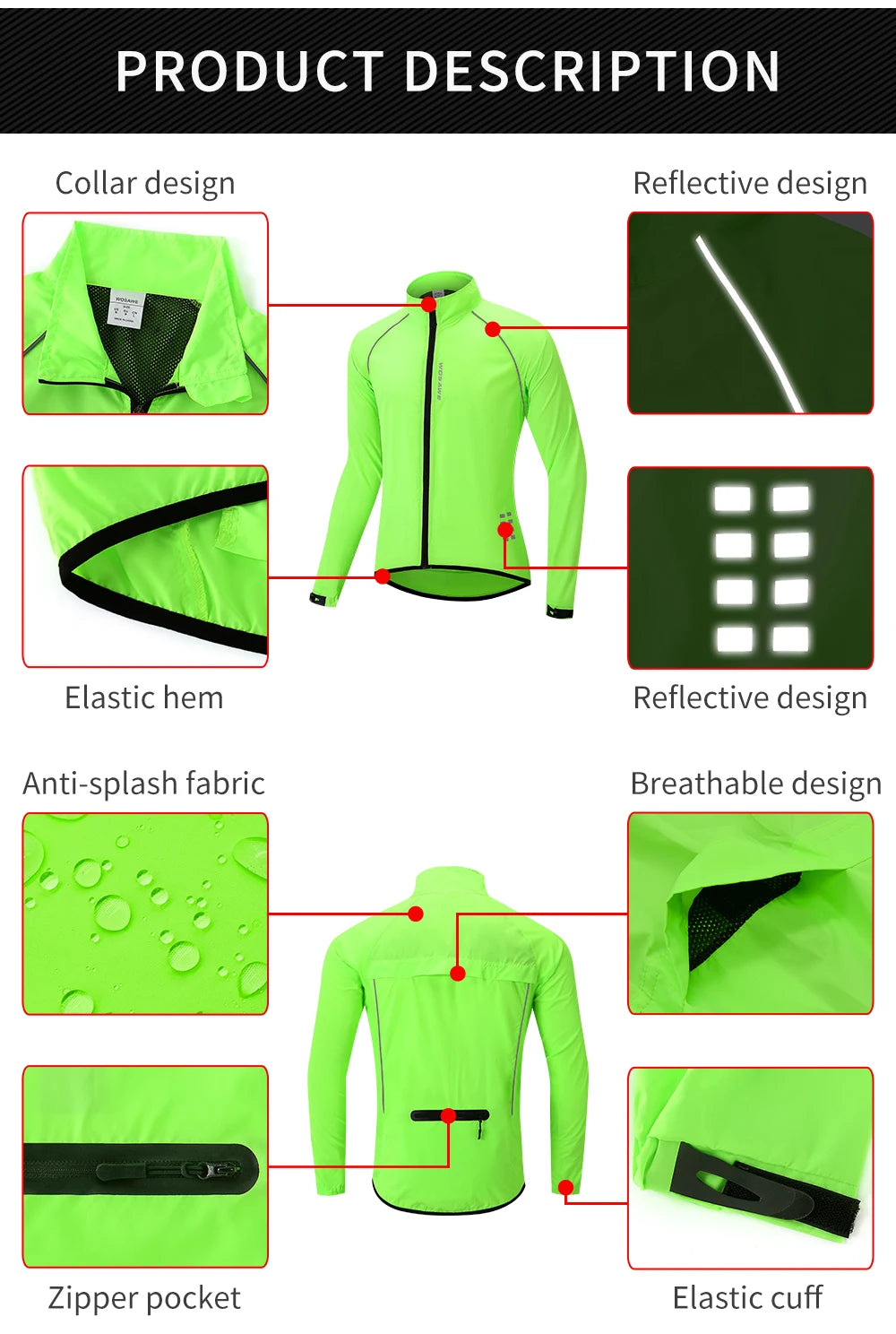 WOSAWE Men’s Ultralight Windproof Cycling Jacket – Reflective & Long Sleeve
